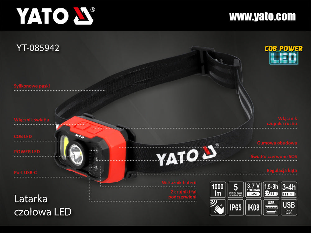 LAMPA FRONTALA CU YATO YT-085942 ACUMULATOR 1000LM, SENZOR DE MISCARE