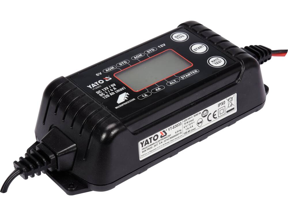 DIGITÁLIS EGYENIRÁNYÍTÓ, 6/12V, YATO YT-83033 1/4A, 120AH MAX.