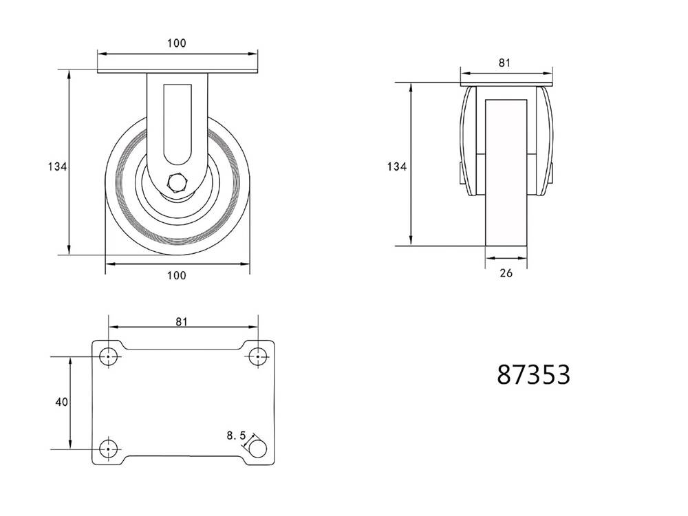 FIX KERÉK VOREL 87353 SZÜRKE GUMIVAL, 100 MM