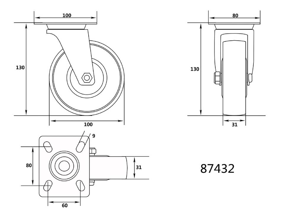 ROATA PIVOTANTA CAUCIUCATA VOREL 87432 CARUCIOR 100MM
