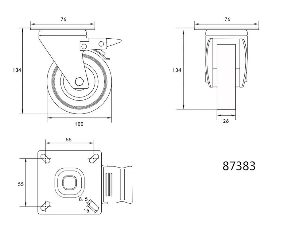 VOREL FORGÓKERÉK 87383 100MM SZÜRKE GUMIVAL ÉS FÉKKEL