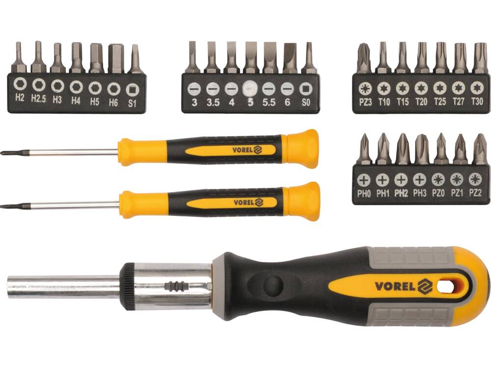 CSAVARHÚZÓ KÉSZLET VOREL 64655 RACSNIS ÉS BITEKKEL, 31 DB