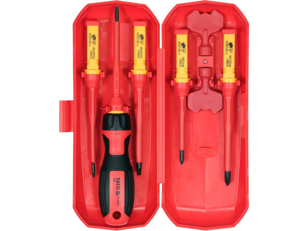 VDE CSAVARHÚZÓ KÉSZLET, YATO YT-28294 5 CSERÉLHETŐ FEJ + 2 ELEKTROMOS PANELKULCS