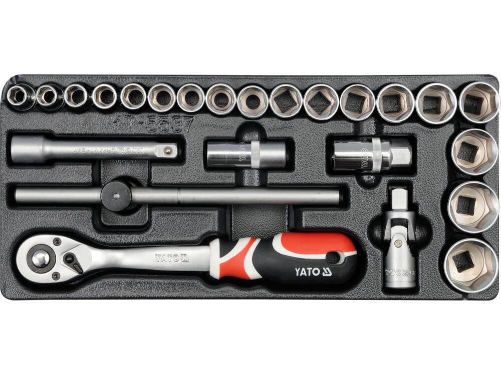 YATO YT-5537 CSŐKULCSKÉSZLET + RACSNIS + ADAPTER 24 RÉSZES, 10-32MM