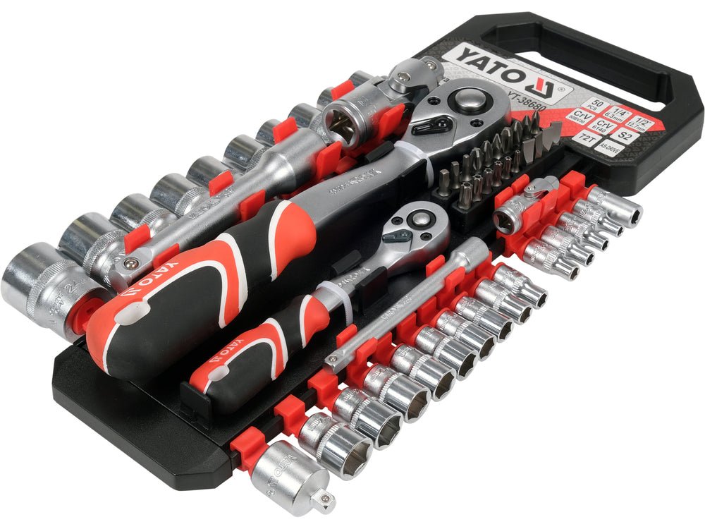 SET TUBULARE CU ACCESORII 1/4'' 1/2'', 51 PIESE Yato YT - 38680 - 12.7 mm, 24 mm, 38 mm, 6.3 mm Yato - scule electrice si unelte profesionale - BricoMart