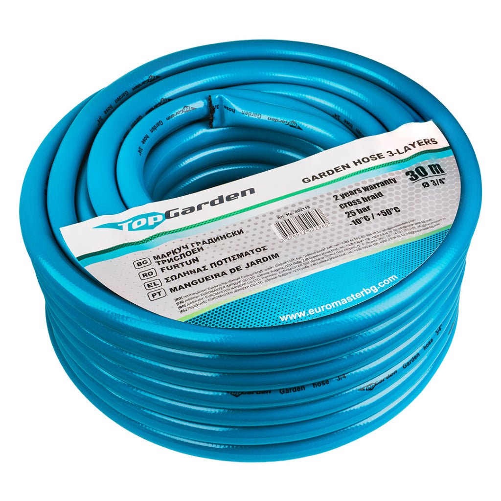 TOP GARDEN Furtun de gradina 3 straturi 3/4" 30m TG Extrem de flexibil în toate condițiile meteorologice de la - 10 ° C la + 50 ° C Pentru a - și spori durabilitatea, furtunul Top Garden - scule electrice si unelte profesionale - BricoMart