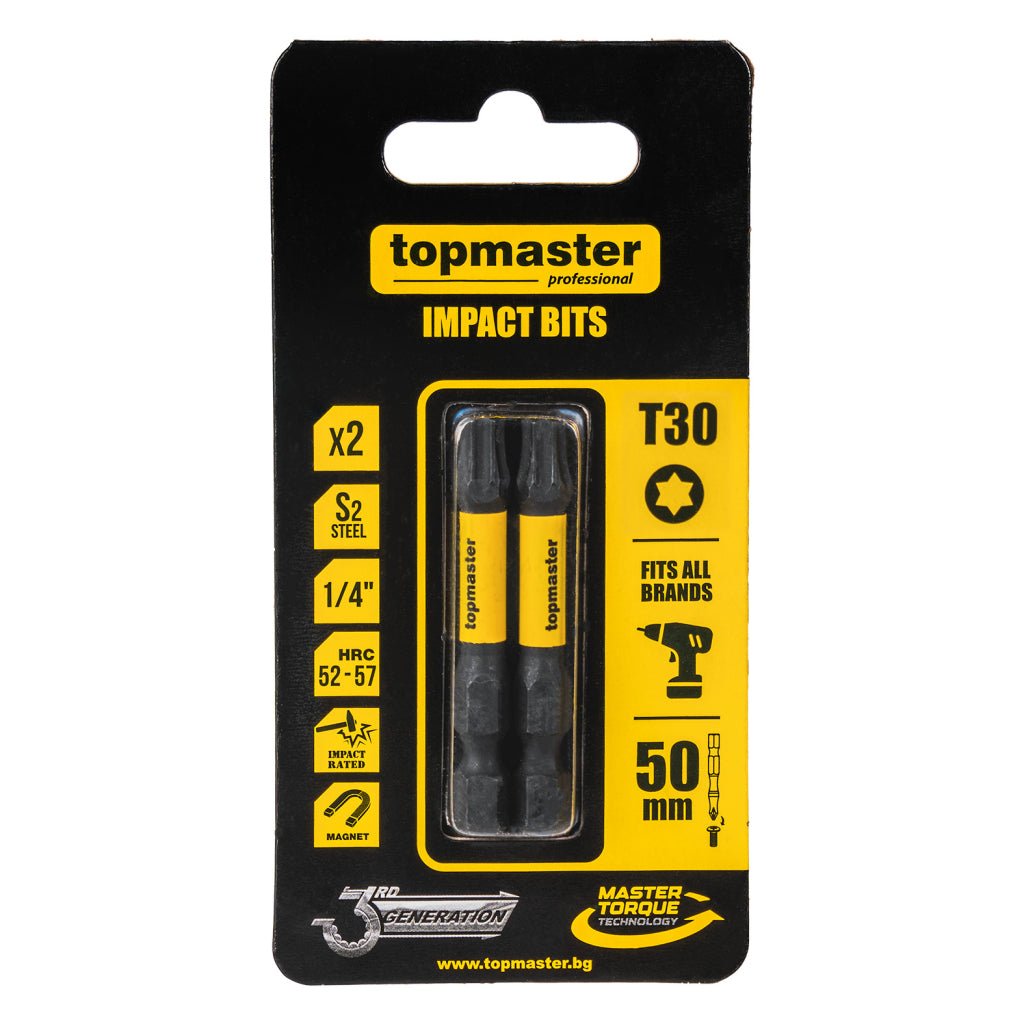 TOP MASTER PRO Bit de impact 50mm TX30, 2 buc. TMP Ideal pentru o varietate de aplicații, inclusiv asamblarea mobilierului, reparații, lucrări de construcție și alte sarci Top Master Pro - scule electrice si unelte profesionale - BricoMart