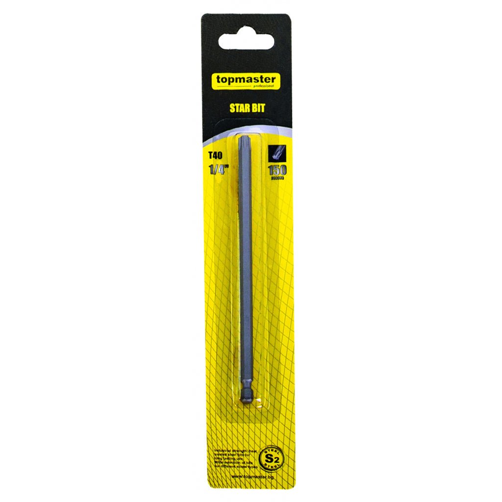 TOP MASTER PRO Bit TORX T10 150mm 1/4" TMP Material: otel calit S2 Duritate 59 - 60 HRC Lungime: 150mm Top Master Pro - scule electrice si unelte profesionale - BricoMart