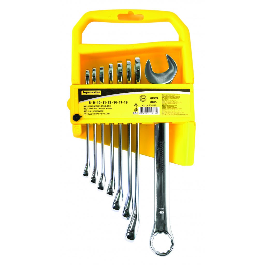 TOP MASTER PRO Chei combinate set 8pcs 8 - 19mm CR - V TMP Capatul cheii este inclinat cu 15 ° pentru lucru facil in spatii inaccesibile Material: otel crom - vanadiu de inalta cali Top Master Pro - scule electrice si unelte profesionale - BricoMart