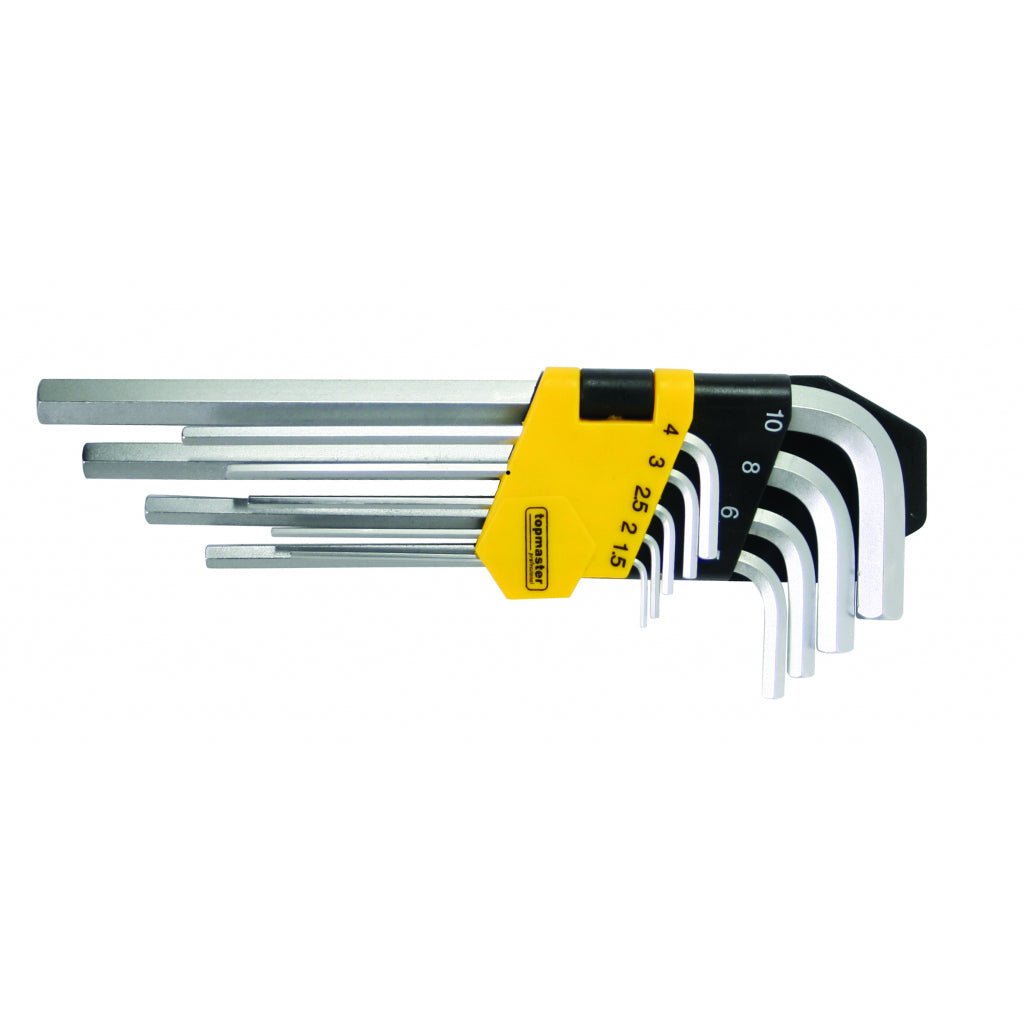 TOP MASTER PRO Chei imbus scurte "L" 1.5 - 10mm set 9pcs CR - V TMP Material: otel crom - vanadiu de inalta calitate Top Master Pro - scule electrice si unelte profesionale - BricoMart