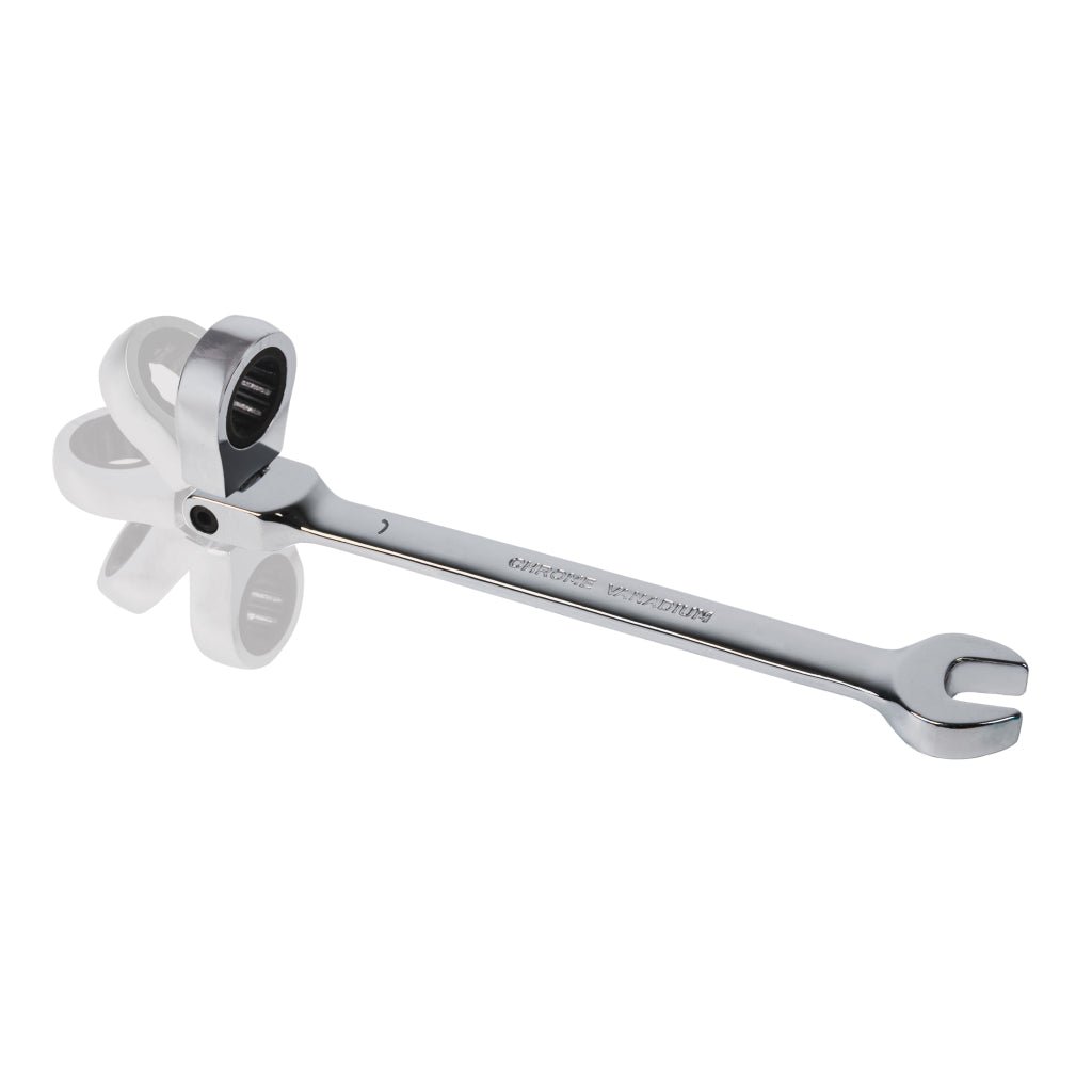 TOP MASTER PRO Cheie combinata cu clichet cap flexibil 8mm FLEX CR - V TMP Capatul cheii este inclinat cu 15 ° pentru lucru facil in spatii inaccesibile Material: otel crom - vanadiu de inalta cali Top Master Pro - scule electrice si unelte profesionale - BricoMart
