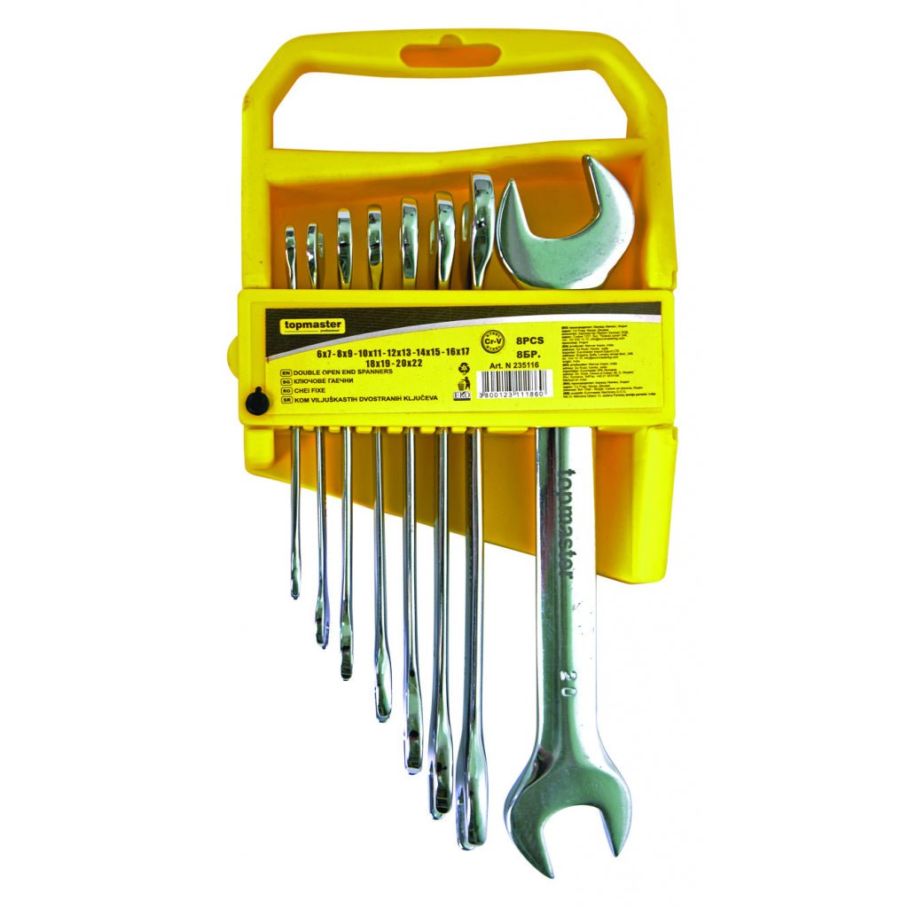 TOP MASTER PRO Cheie fixa 6 - 22mm set 8pcs CR - V TMP Material: otel crom - vanadiu de inalta calitate presat la cald Complet lustruit Suport din plastic Top Master Pro - scule electrice si unelte profesionale - BricoMart