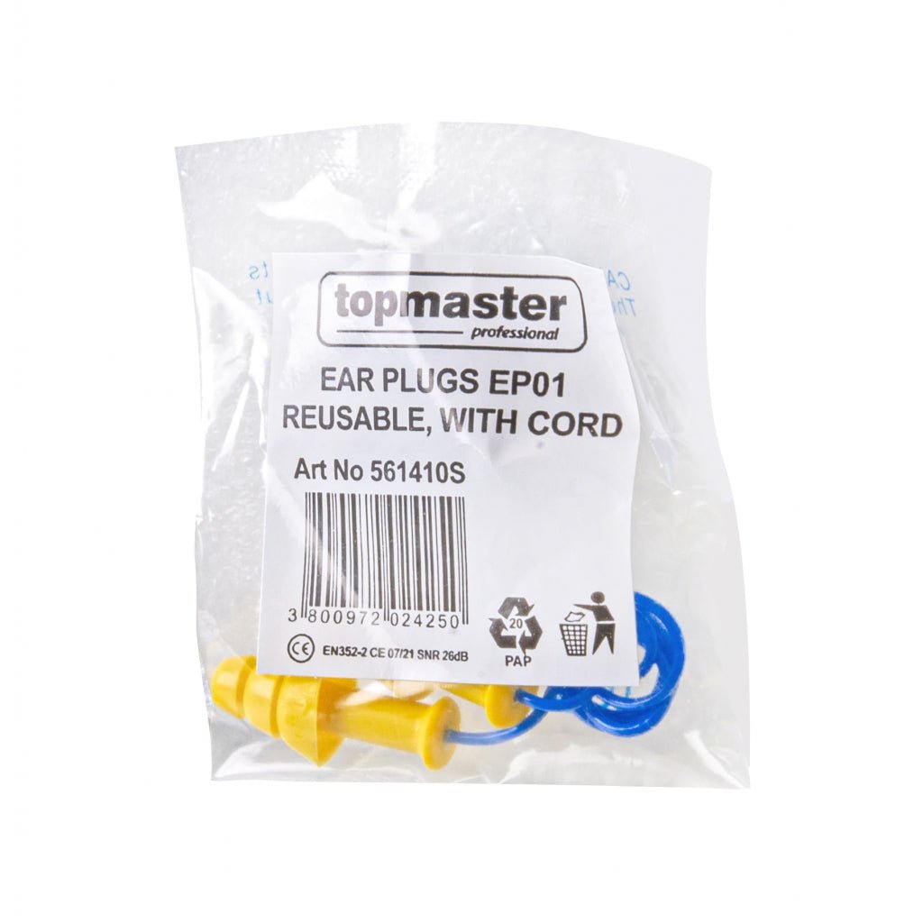 TOP MASTER PRO Dopuri antifoane EP01 reutilizabile cu snur 50buc/cutie TMP Design conic cu trei trepte pentru o inserare mai ușoară și o potrivire mai bună Material moale luand forma specifica ca Top Master Pro - scule electrice si unelte profesionale - BricoMart