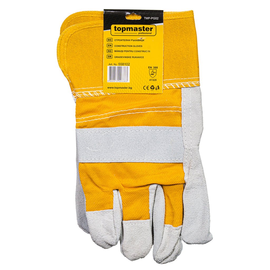TOP MASTER PRO Mănuși pentru constructii TMP-PG2 Piele de vitel Mobilitate ridicata a degetului mare si a celui aratator Varfurile degetelor ranforsate Partea din spate Top Master Pro - scule electrice si unelte profesionale - BricoMart