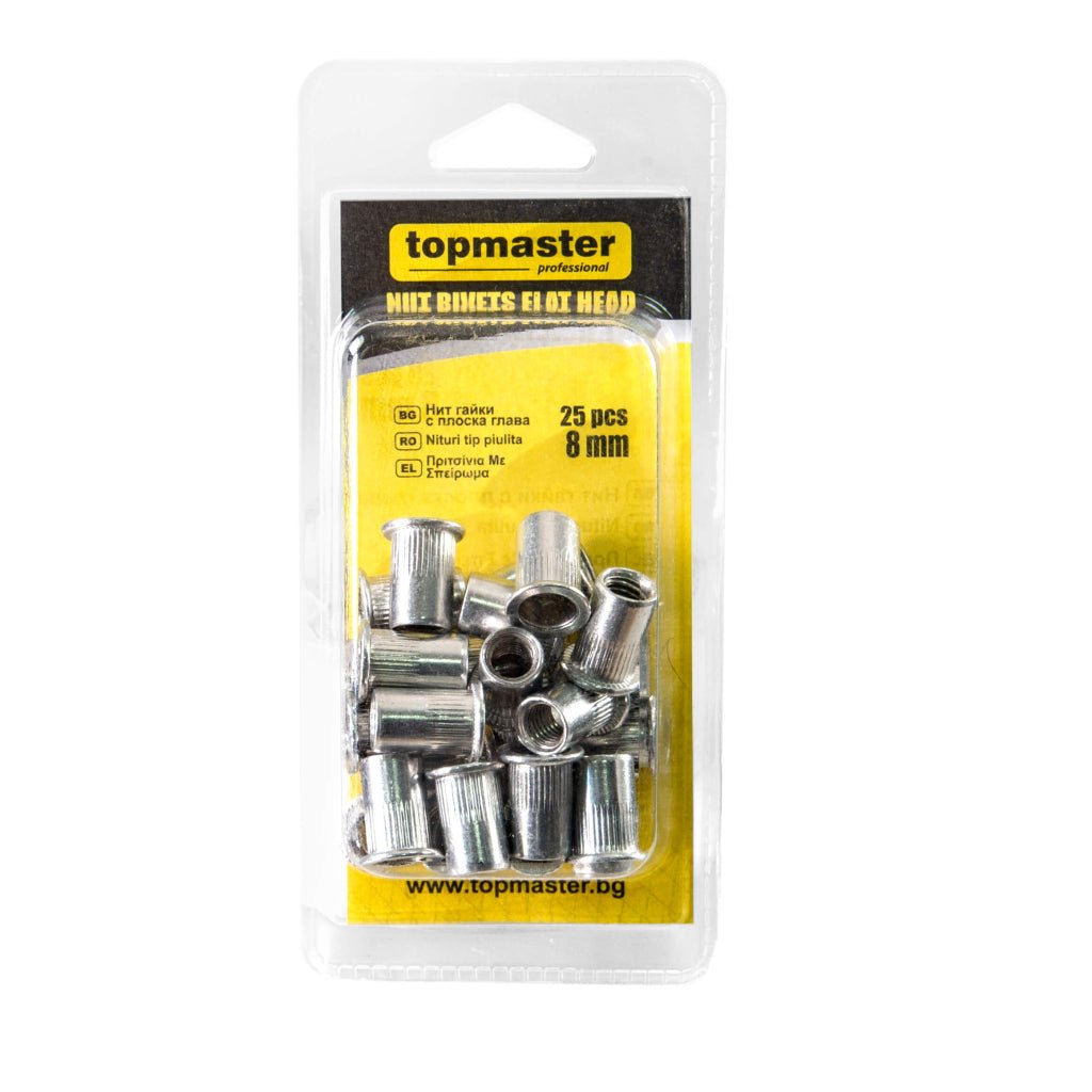 TOP MASTER PRO Nituri tip piulita 8mm 25buc TMP Se folosesc la asamblarea tablei, otelului, aluminiului, plasticului, fibrei de sticla etc. Top Master Pro - scule electrice si unelte profesionale - BricoMart