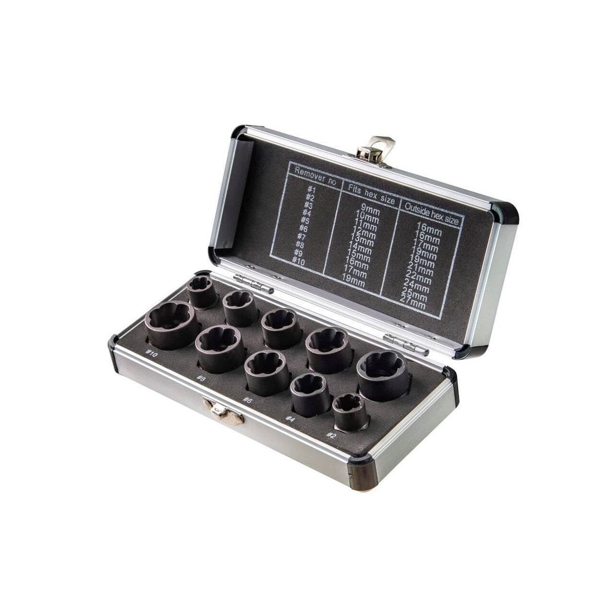TOP MASTER PRO Set 10 buc extractoare suruburi 3/8" - 9 - 19 mm TMP Set extractor special pentru slăbirea șuruburilor și piulițelor deteriorate de la 9 la 19 mm Au un profil special cu mar Top Master Pro - scule electrice si unelte profesionale - BricoMart