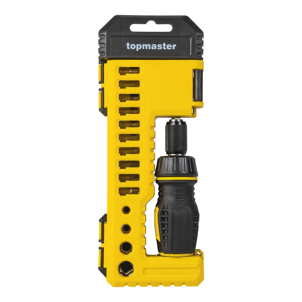 TOP MASTER PRO Set 25buc. biți cu șurubelniță cu clichet TMP Un set conceput pentru diverse tipuri de lucrări de reparații și nevoi zilnice Setul include o varietate de biți, mai mu Top Master Pro - scule electrice si unelte profesionale - BricoMart