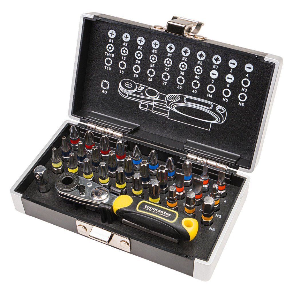 TOP MASTER PRO Set 32 buc biti ¼ Setul include cele mai populare dimensiuni de biți din oțel S2, combinate cu un mini clichet cu 50 de dinți. Extrem de c Top Master Pro - scule electrice si unelte profesionale - BricoMart