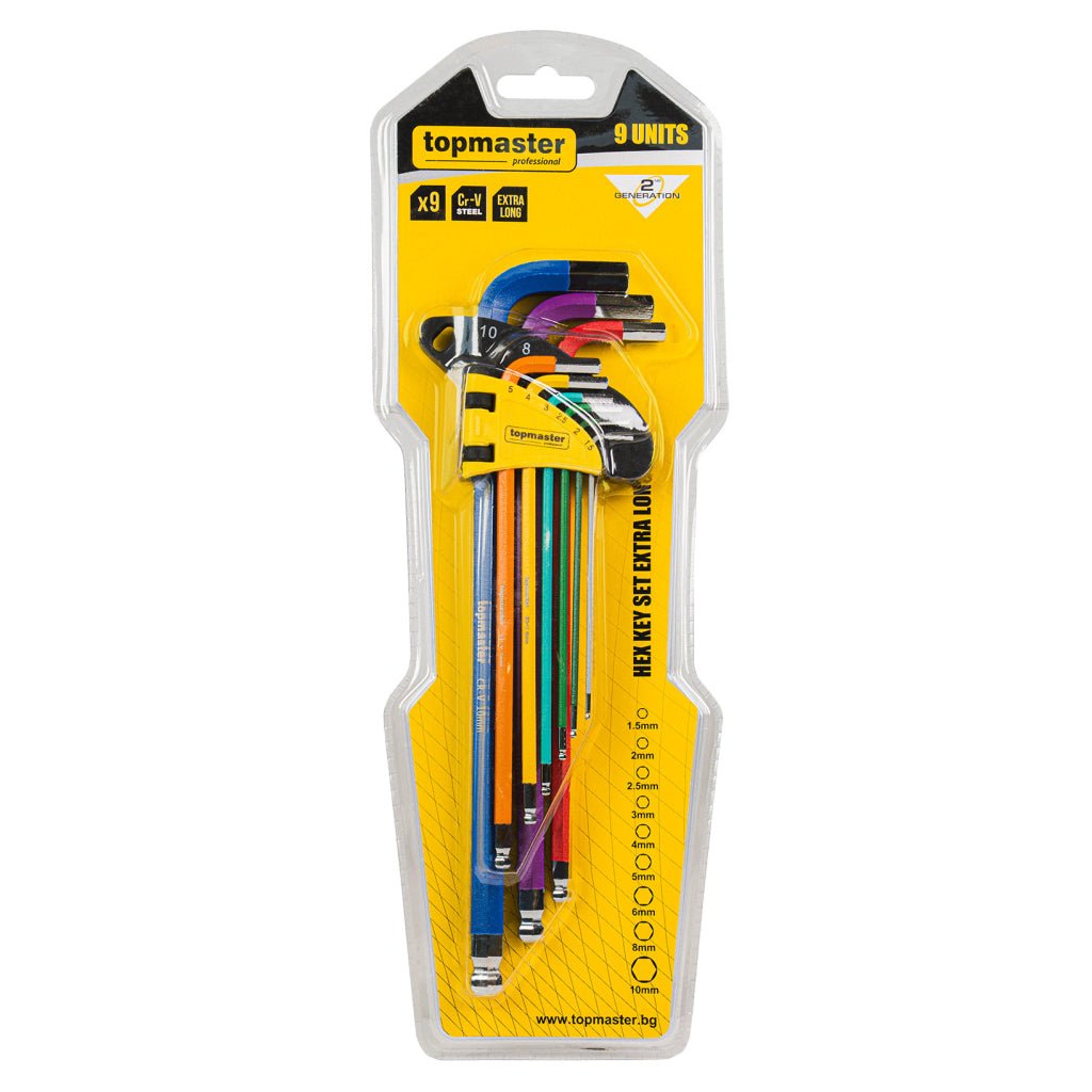 TOP MASTER PRO Set 9 chei imbus 1.5 - 10mm cu bila extra lungi COLOR TMP Material: otel crom - vanadiu de inalta calitate Unghi de lucru de pana la 25 °, pentru operare in locuri greu accesibile Top Master Pro - scule electrice si unelte profesionale - BricoMart