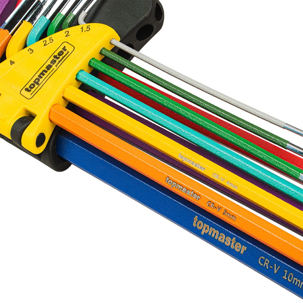 TOP MASTER PRO Set 9 chei imbus extra lungi COLOR TMP Fabricat din Otel Cr - V Ofera precizie si o potrivire perfecta cu capul surubului Top Master Pro - scule electrice si unelte profesionale - BricoMart