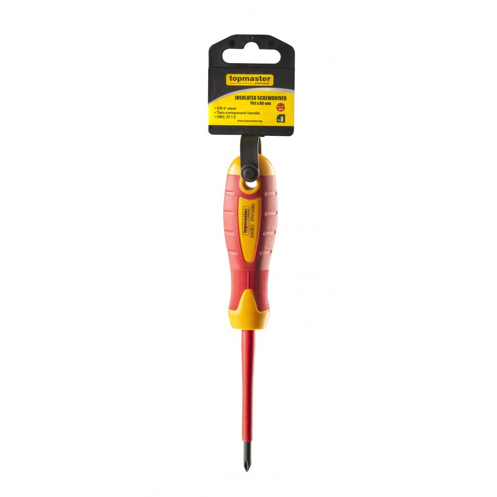 TOP MASTER PRO Surubelnita cruce izolata 1000V Ph1x 80mm CR - V TMP Șurubelniță izolată cu piesă de lucru din aliaj CR - V de înaltă calitate Mâner moale din două componente Izolează tensiun Top Master Pro - scule electrice si unelte profesionale - BricoMart
