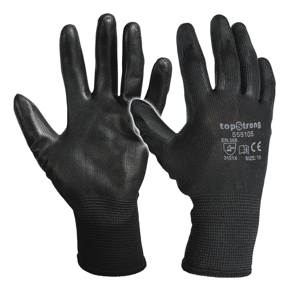TOP STRONG Manusi poliuretan- negru, marime 10 Complet acoperite cu poliuretan Din poliester fara cusaturi Top Strong - scule electrice si unelte profesionale - BricoMart