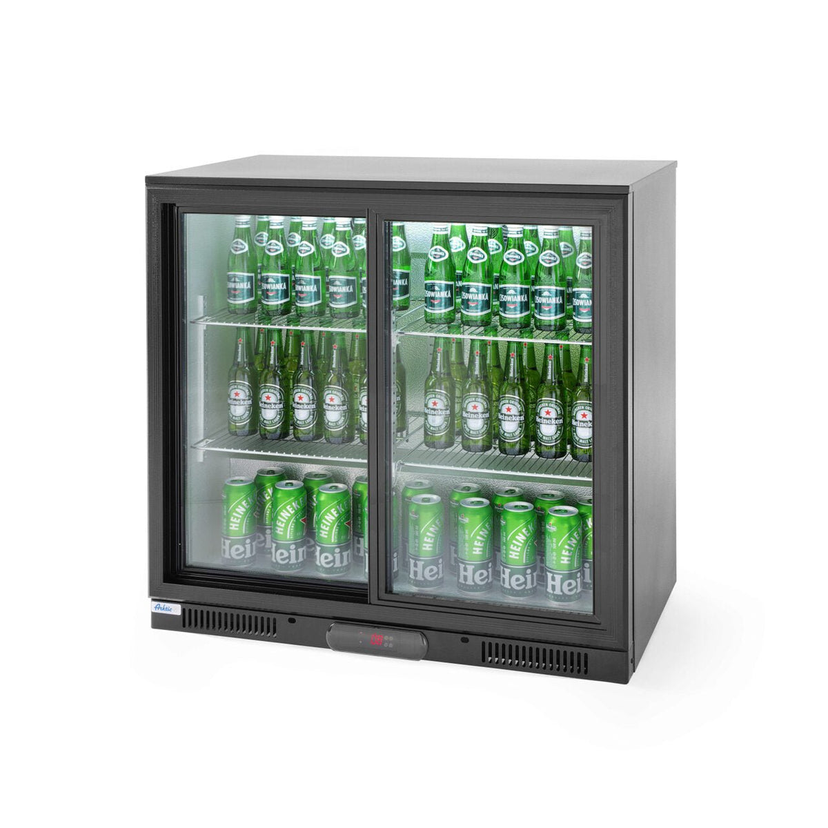 Vitrina frigorifica de prezentare usi glisante interval temp. 2/10?C, 220 W, corp inox, ARKTIC by Hendi, 900x500x(H)900 mm 198 Litri, Clasa energetica E