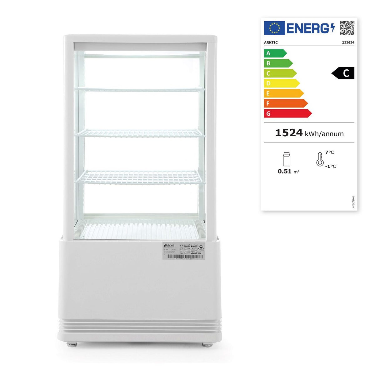 Vitrina rece pt prezentare, alba, 68 lt, interval temp 0-12 gr C, 170 W, 3 rafturi reglabile pe inaltime, ARKTIC by Hendi, 452x406x(H)891 mm, Clasa energetica C