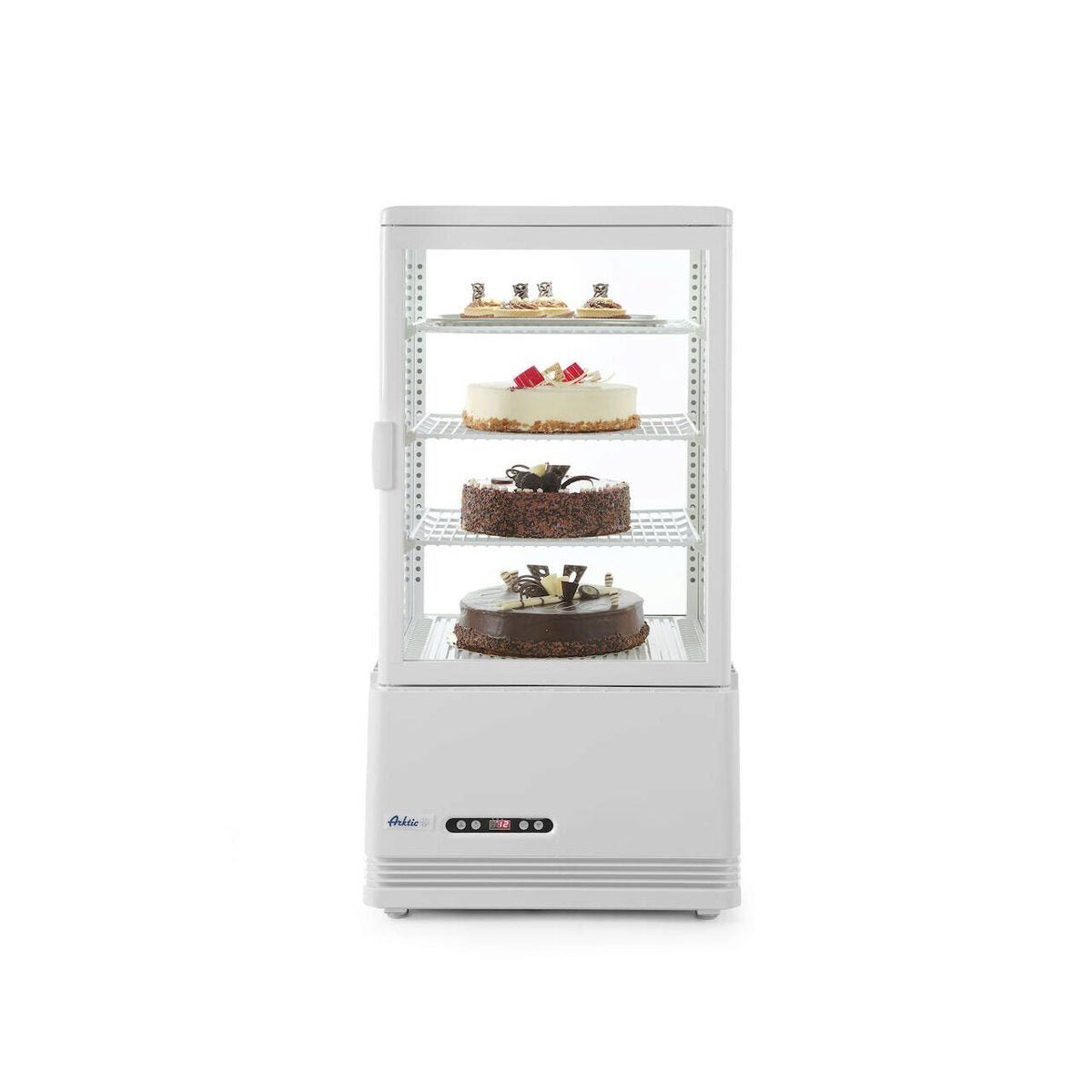 Vitrina rece pt prezentare, alba, 68 lt, interval temp 0-12 gr C, 170 W, 3 rafturi reglabile pe inaltime, ARKTIC by Hendi, 452x406x(H)891 mm, Clasa energetica C