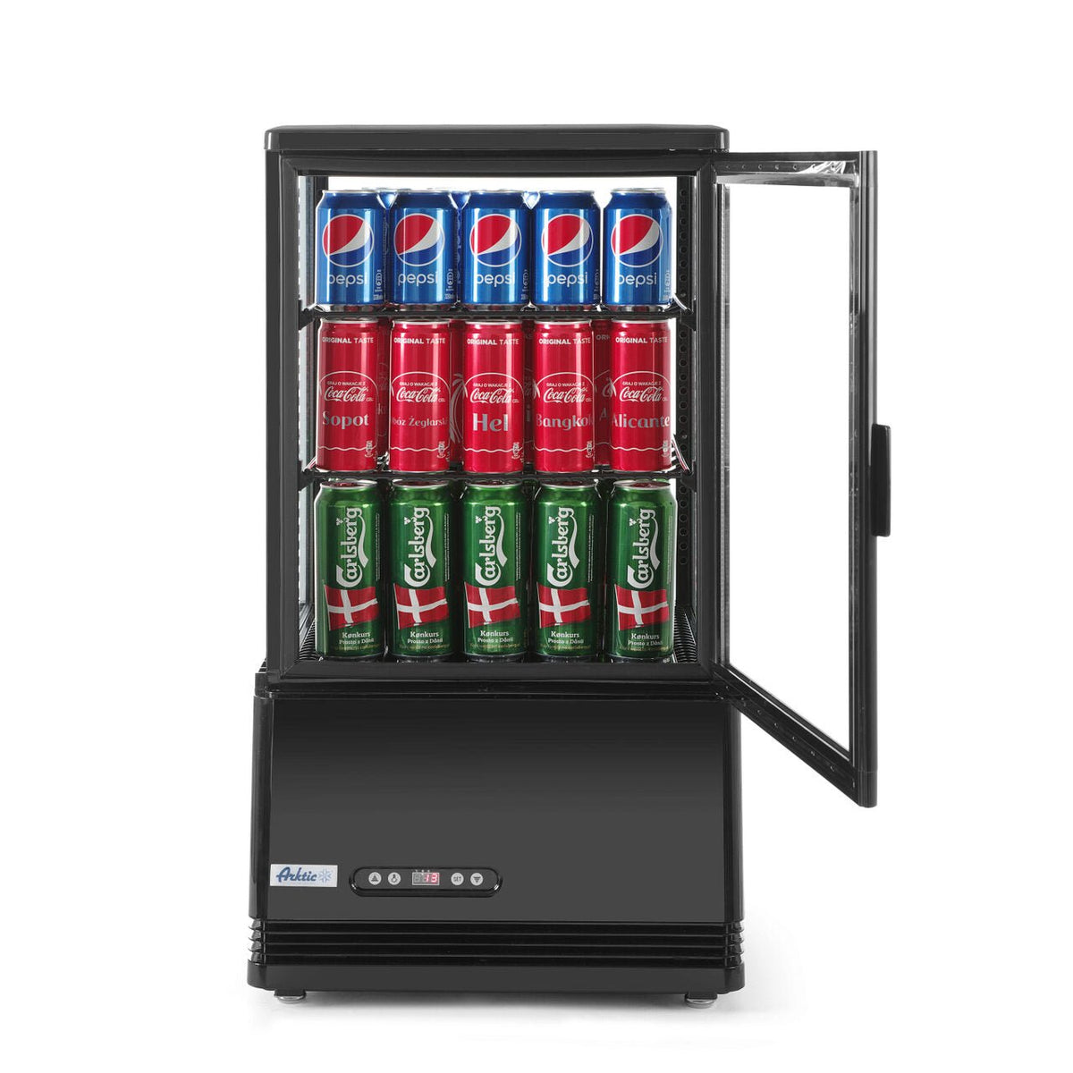 Vitrina rece pt prezentare, neagra, 58 lt, interval temp. 2-6 gr C, 170 W, 2 rafturi reglabile pe inaltime, ARKTIC by Hendi, 452x406x(H)816 mm, Clasa energetica C