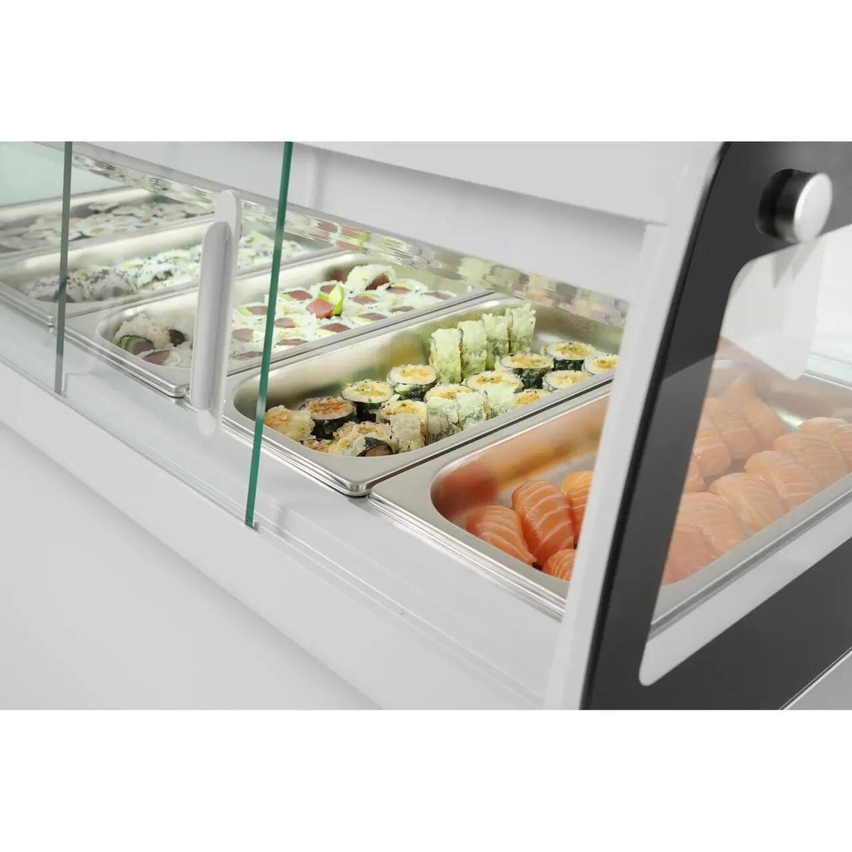 Vitrina sushi, 63 lt, pt 5 tavi GN1/3, interval temp 0-6 gr C, 160 W, geamuri glisante, corp inox, ARKTIC by Hendi, 1307x450x(H)330 mm