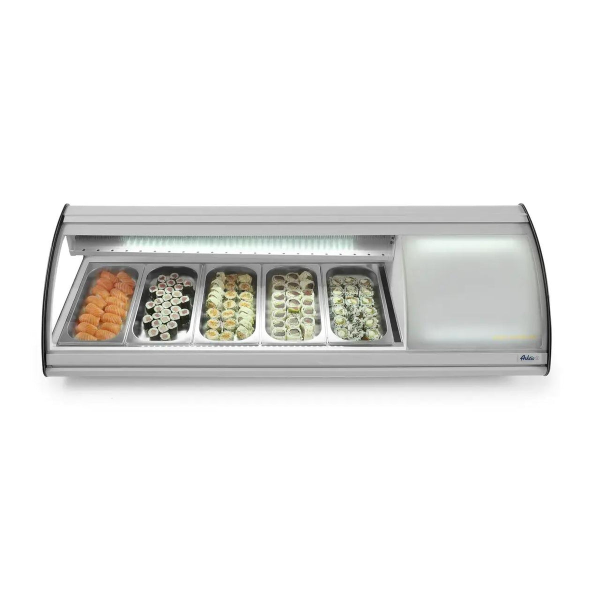 Vitrina sushi, 63 lt, pt 5 tavi GN1/3, interval temp 0-6 gr C, 160 W, geamuri glisante, corp inox, ARKTIC by Hendi, 1307x450x(H)330 mm