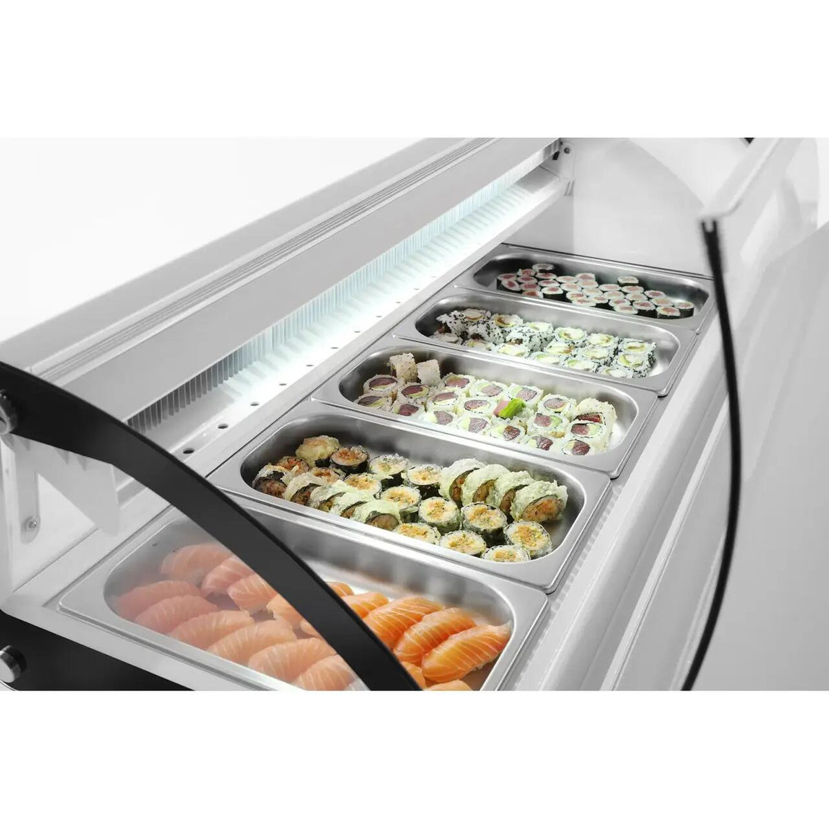 Vitrina sushi, 63 lt, pt 5 tavi GN1/3, interval temp 0-6 gr C, 160 W, geamuri glisante, corp inox, ARKTIC by Hendi, 1307x450x(H)330 mm