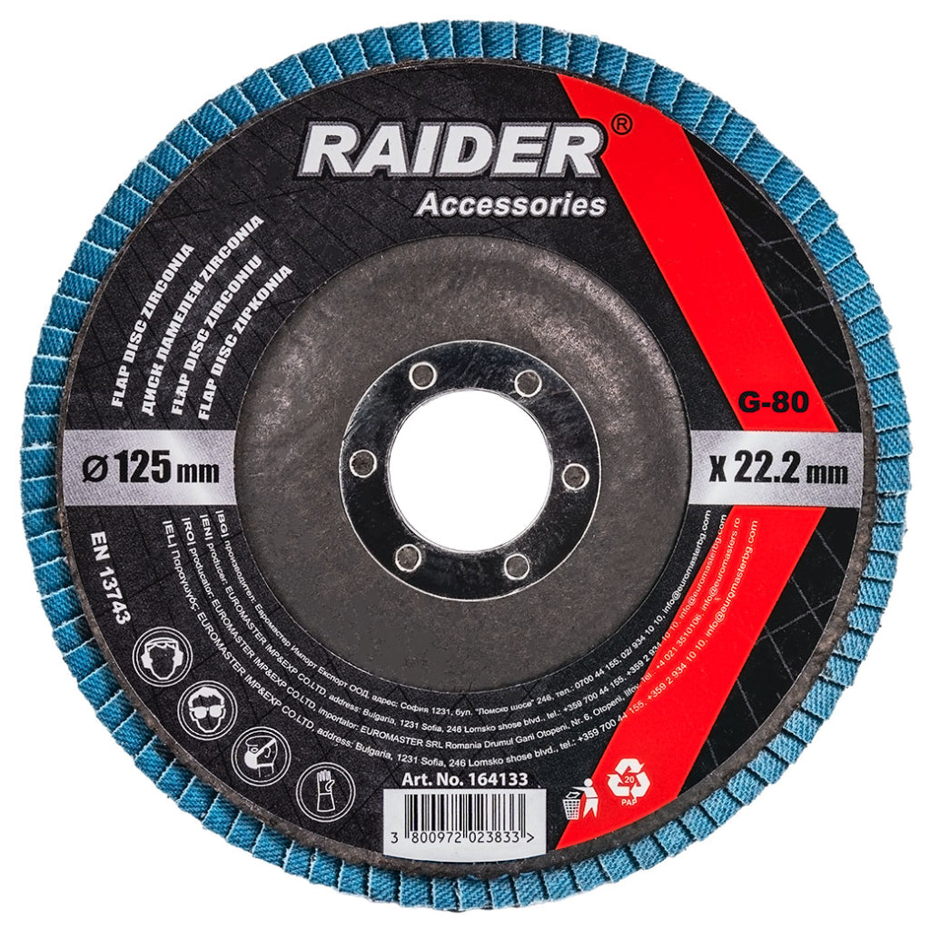 RAIDER Disc lamelar zirconiu 125mm G-80 Granule abrazive de zirconiu care oferă durabilitate Granulație G-80 Construcția lamelară permite o răcire mai bună în t
