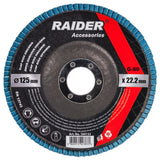 RAIDER Disc lamelar zirconiu 125mm G-80 Granule abrazive de zirconiu care oferă durabilitate Granulație G-80 Construcția lamelară permite o răcire mai bună în t