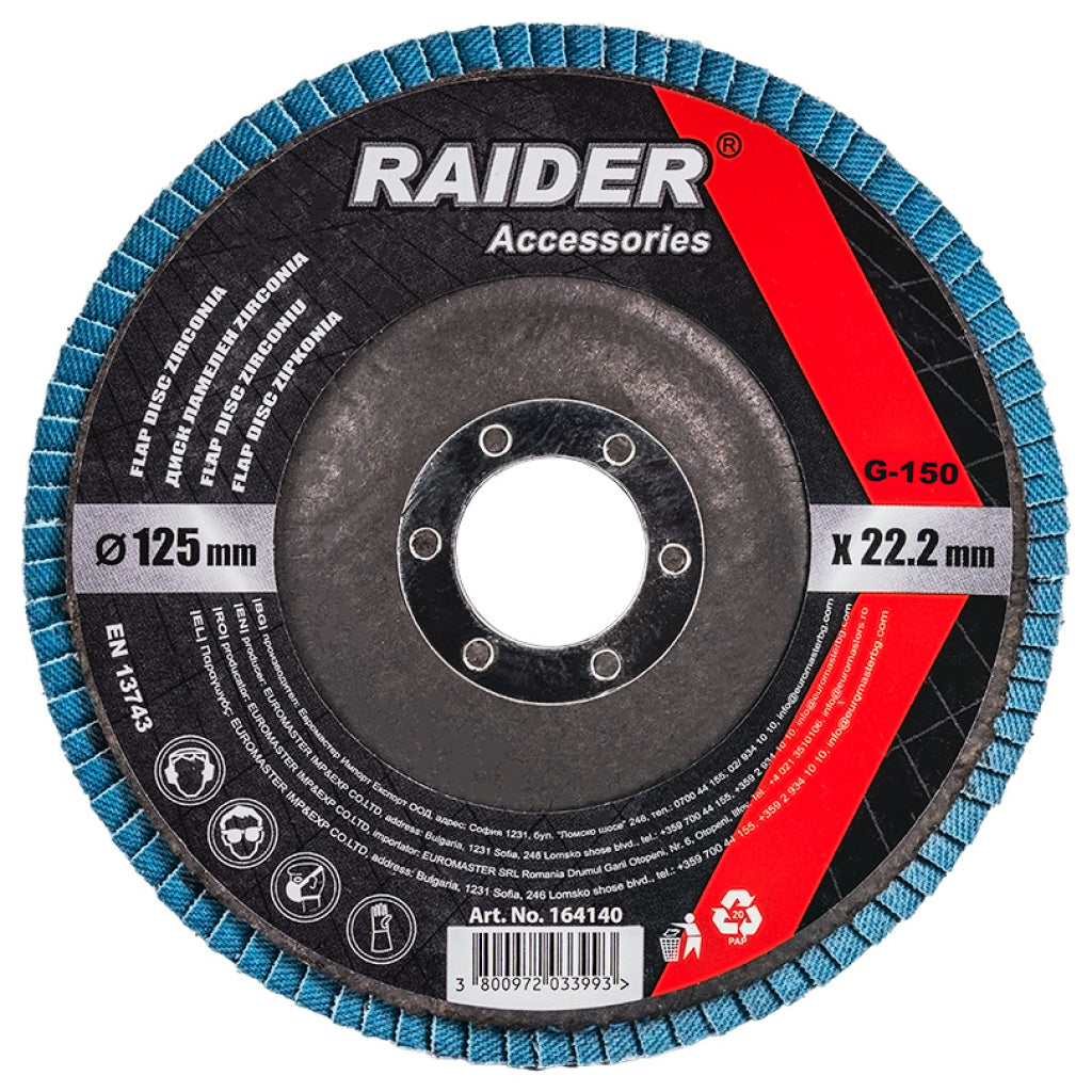 RAIDER Disc lamelar zirconiu 125mm G-150 Granule abrazive de zirconiu care oferă durabilitate Granulație G-150 Construcția lamelară permite o răcire mai bună în