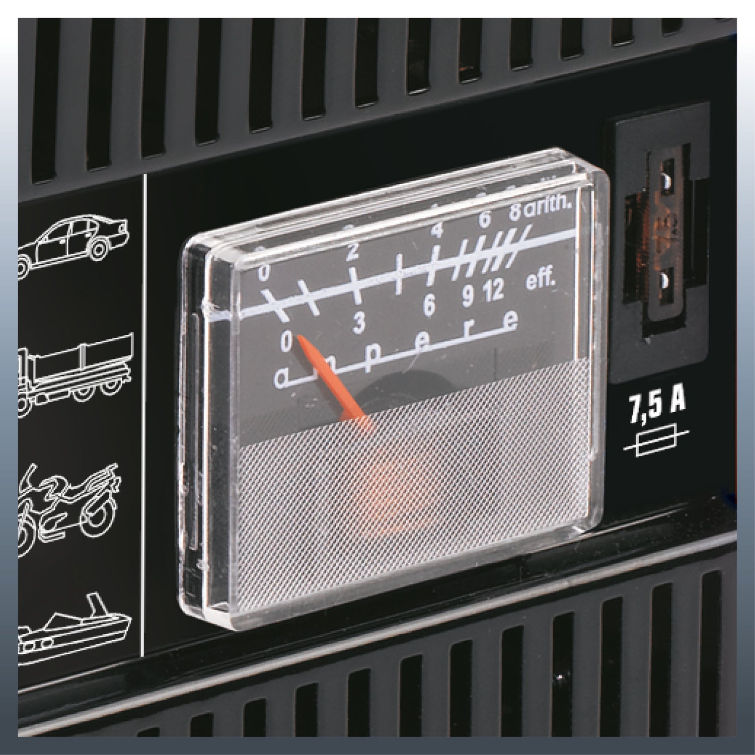 Einhell CC-BC 5 autós egyenirányító, beépített ampermérő, acéllemez ház, túlterhelés és fordított polaritás elleni védelem, szigetelt csatlakozók