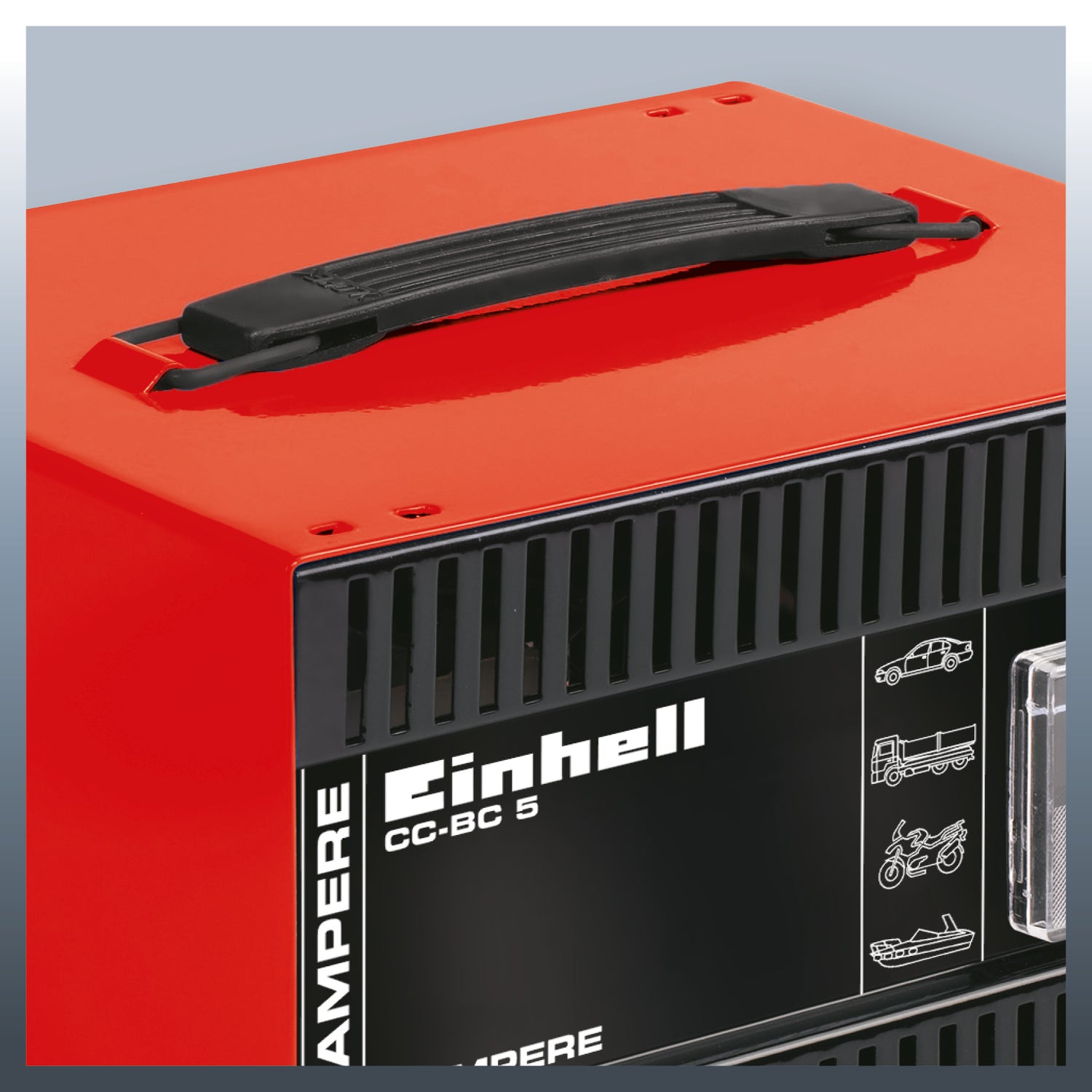 Einhell CC-BC 5 autós egyenirányító, beépített ampermérő, acéllemez ház, túlterhelés és fordított polaritás elleni védelem, szigetelt csatlakozók