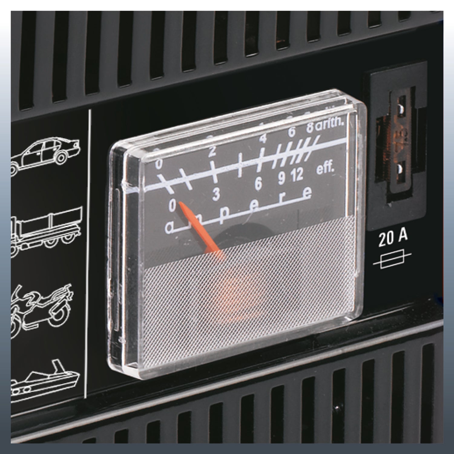 Einhell CC-BC 12 autós egyenirányító, beépített ampermérővel, acéllemez házzal, túlterhelés és fordított polaritás elleni védelemmel, töltőkábellel együtt