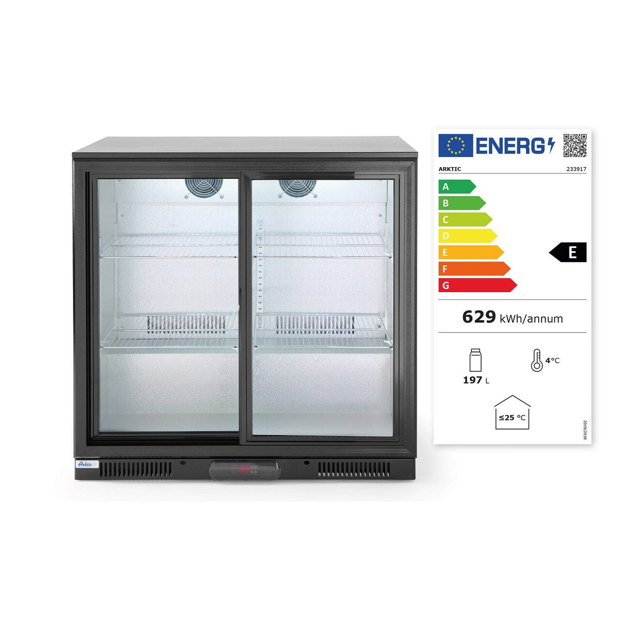 Vitrina frigorifica de prezentare usi glisante interval temp. 2/10?C, 220 W, corp inox, ARKTIC by Hendi, 900x500x(H)900 mm 198 Litri, Clasa energetica E