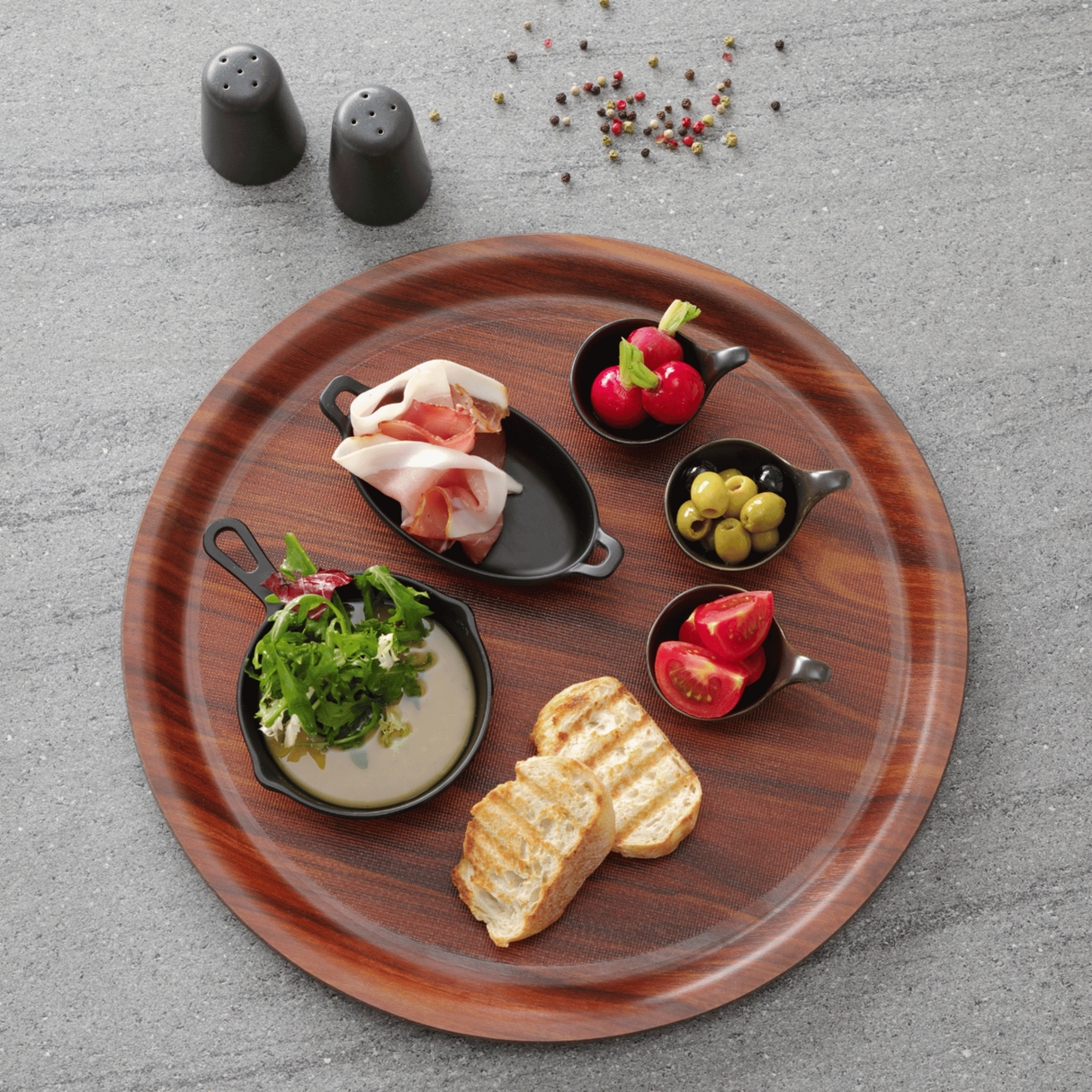 Tava Hendi pentru servire, imitatie lemn rotunda, cu margine inalta 360 mm