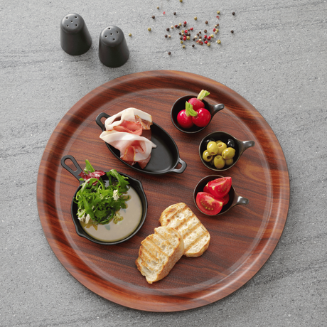 Tava Hendi pentru servire, imitatie lemn rotunda, cu margine inalta 360 mm