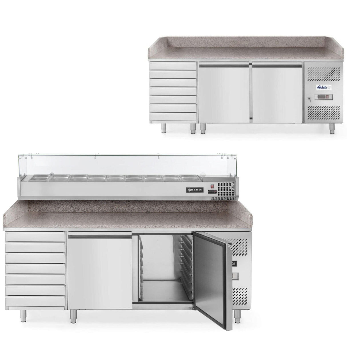 Masa pizza profesionala, cu 2 usi 7 sertare 280 L inox, ARKTIC by Hendi interval temperatura -2/+8 gr C 250 W 2020x800x(H)875 mm