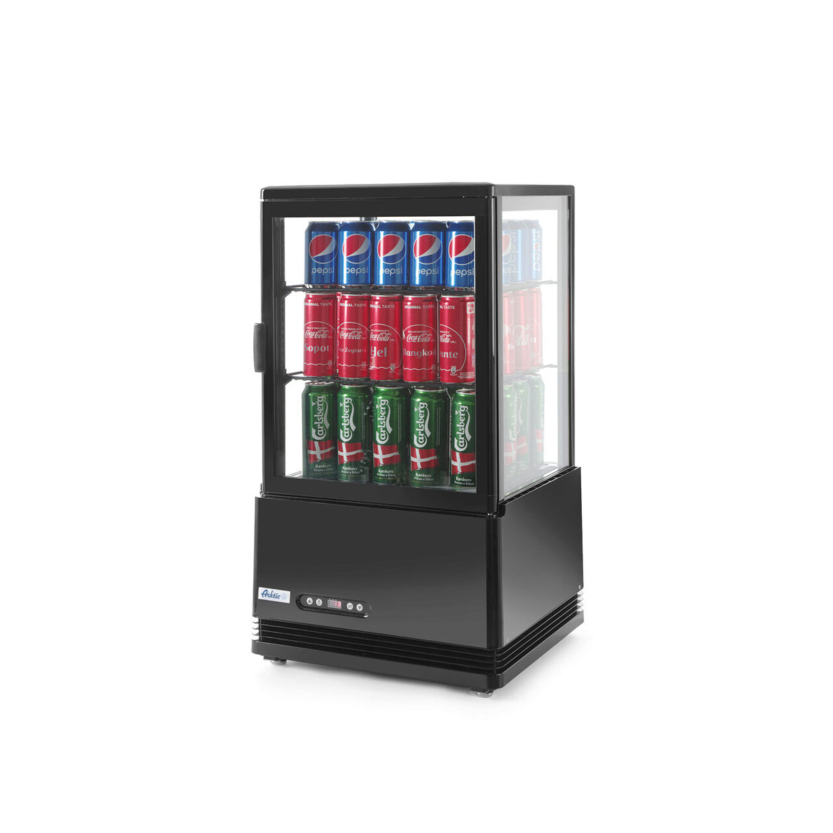 Vitrina rece pt prezentare, neagra, 58 lt, interval temp. 2-6 gr C, 170 W, 2 rafturi reglabile pe inaltime, ARKTIC by Hendi, 452x406x(H)816 mm, Clasa energetica C