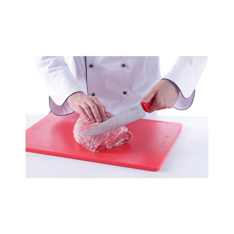 Cutitul bucatarului, maner rosu, lama inox grosime 2,5 mm, 240/385 mm, Hendi, potrivit si pt uz profesional