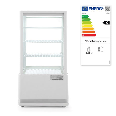 Vitrina rece pt prezentare, alba, 68 lt, interval temp 0-12 gr C, 170 W, 3 rafturi reglabile pe inaltime, ARKTIC by Hendi, 452x406x(H)891 mm, Clasa energetica C