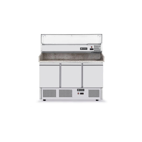 Masa frigorifica cu 3 usi, pentru pizza, cu vitrina ingrediente cu 6 tavi GN 1/4, 270+170 W, ARKTIC by Hendi, 140x70x(H)144.5 cm