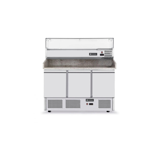 Masa frigorifica cu 3 usi, pentru pizza, cu vitrina ingrediente cu 6 tavi GN 1/4, 270+170 W, ARKTIC by Hendi, 140x70x(H)144.5 cm