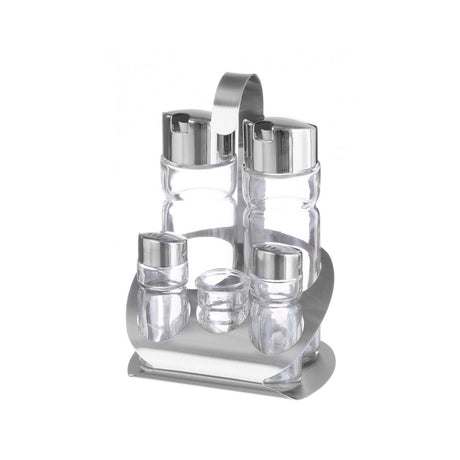 Oliviera solida / Set condimente 5 piese, Hendi, suport inox, recipiente sticla pt sare, piper, scobitori, ulei, otet