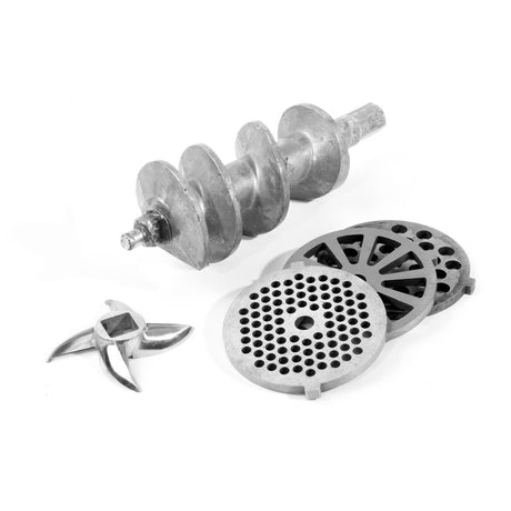 Masina de tocat carne, 2 discuri taiere incluse 4 si 7 mm, 3 accesorii umplere carnati 12, 15, 20 mm, Hendi 198, corp aluminiu, palnie fonta, 400W